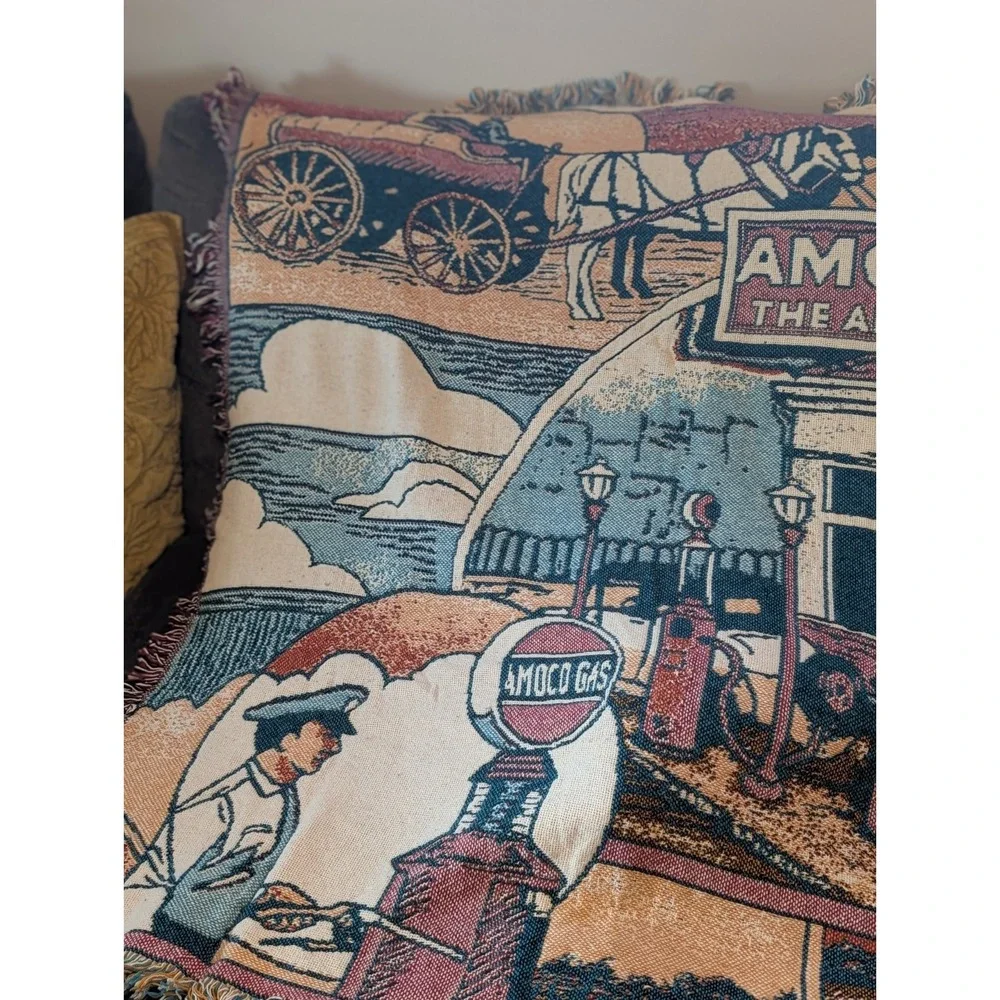Vintage Amoco Gas Station Tapestry Fringe Throw Blanket American Oil Co Woven